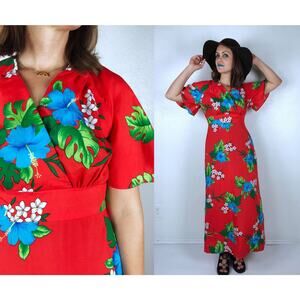 vintage 70s Hawaiian HIBISCUS PRINT Maxi DRESS Medium red tropical floral tiki